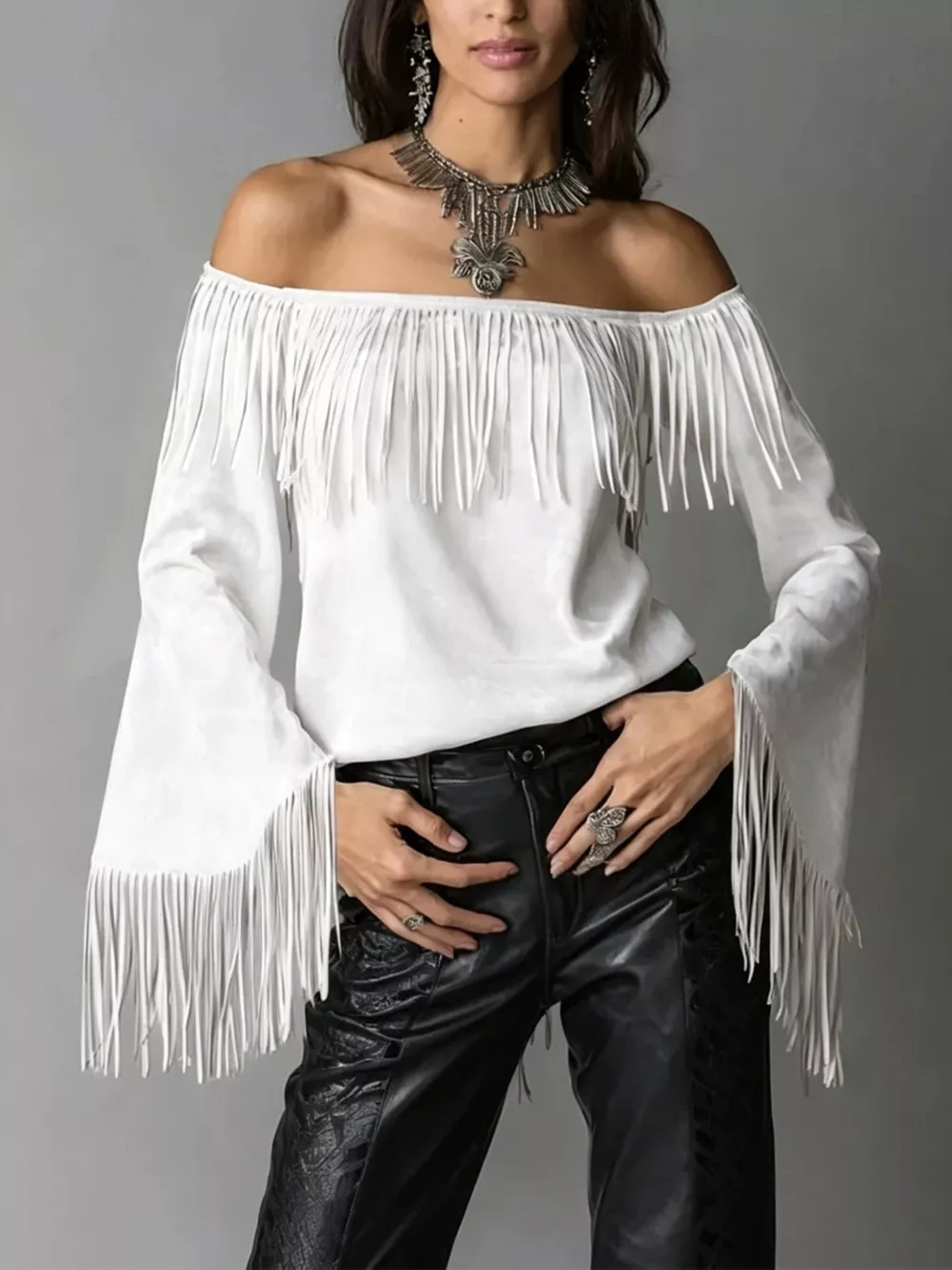 Full Size Fringed Off-Shoulder T-Shirt Plus Size, image 4