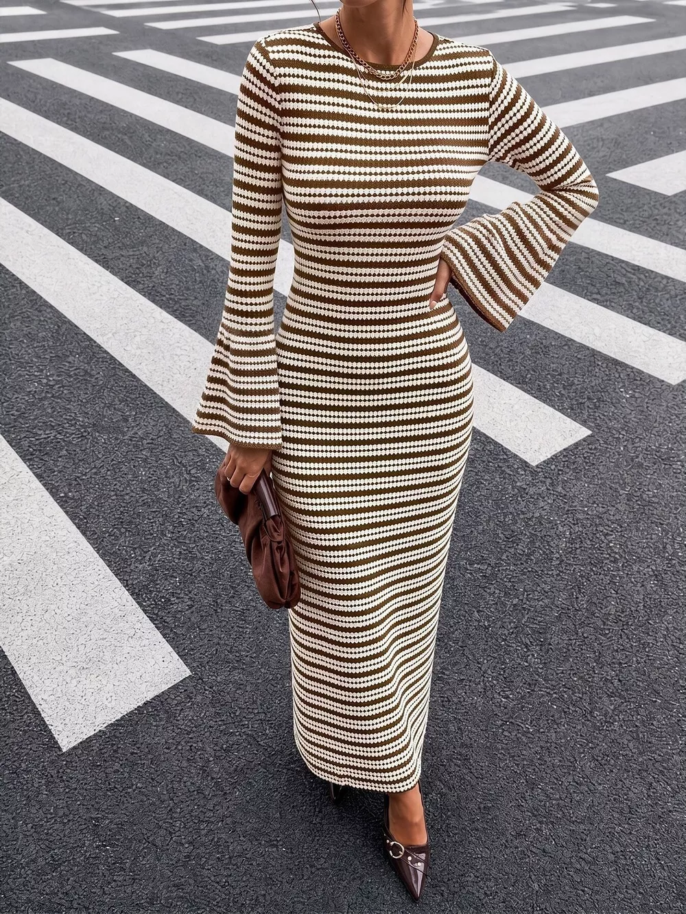 Striped Flare Sleeve Ribbed Knit Dress, image 3