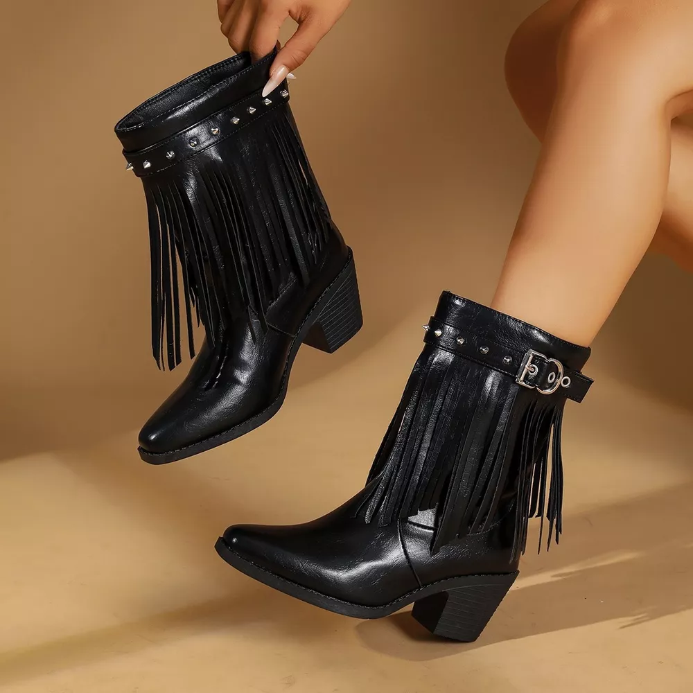 Western Style Fringe Studded Mid-Calf Boots, image 4