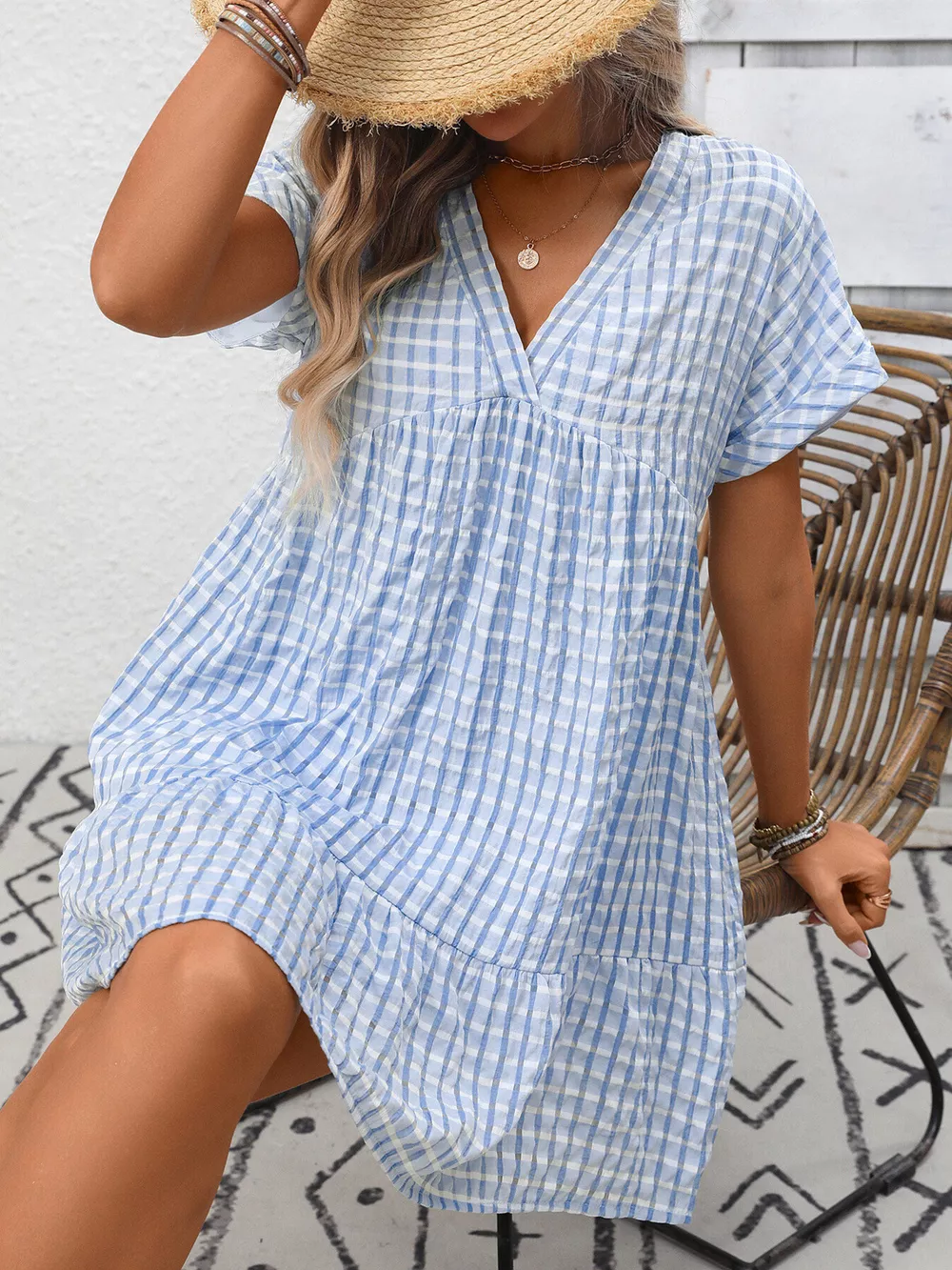 Plaid V-Neck Ruffle Hem Mini Dress, image 4
