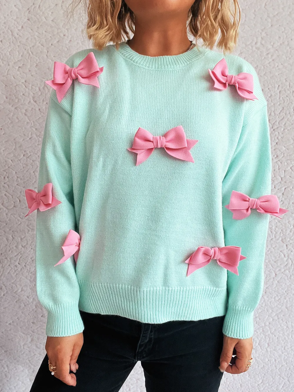 Bow Round Neck Long Sleeve Sweater, image 12