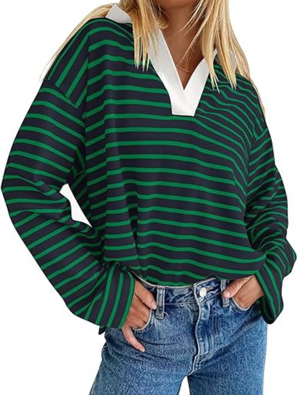 Striped Contrast Collar Long Sleeve Top, image 21