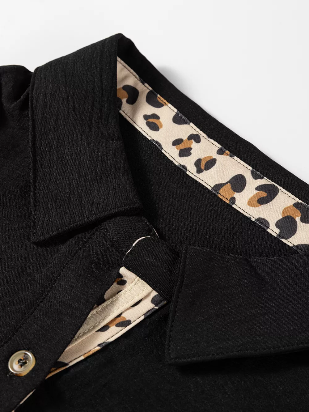 Contrast Leopard Print Patchwork Polo Collar Buttons Front Long Sleeve Blouse, image 9