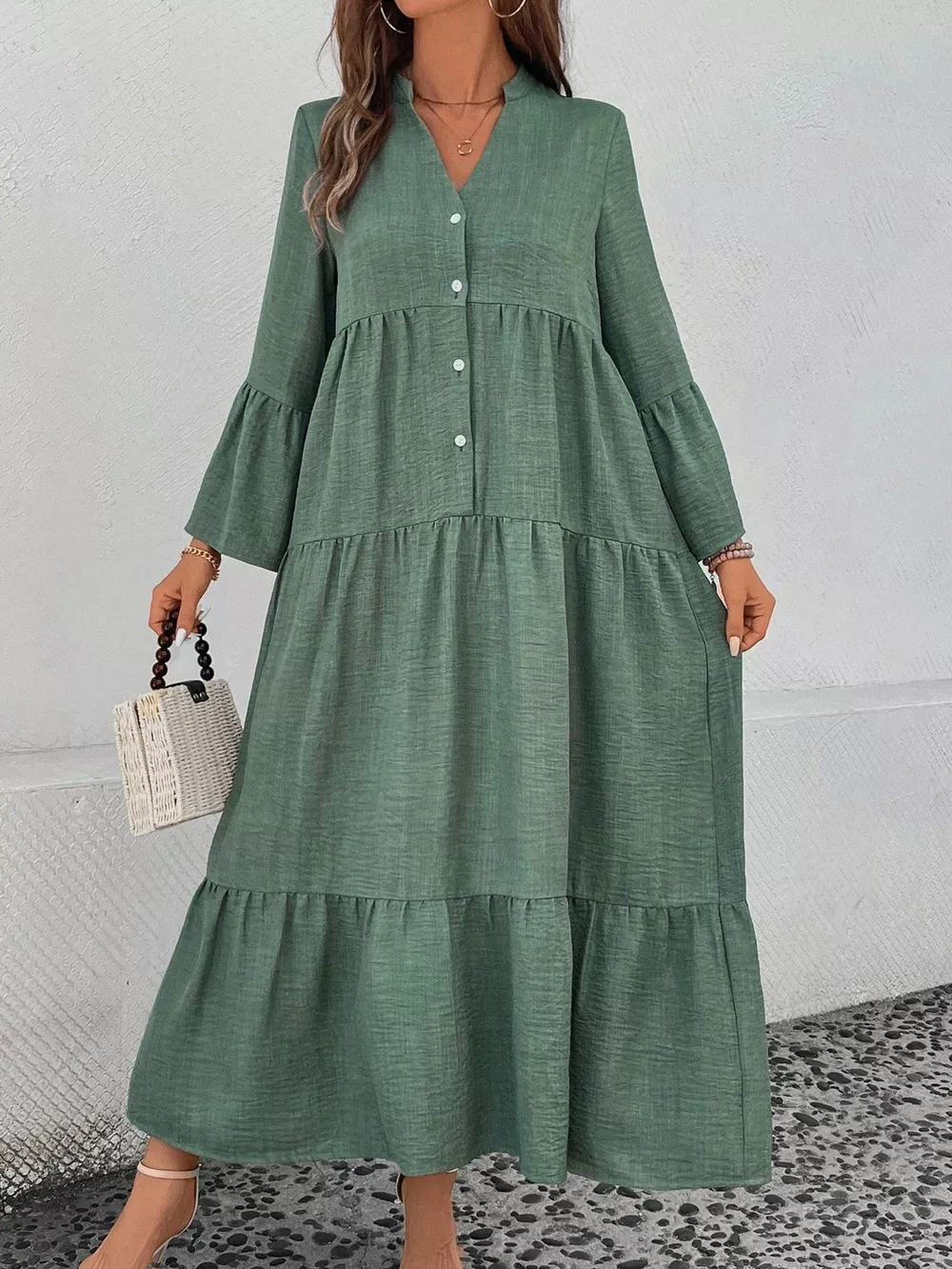 Ruffle Hem Button Front Tiered Dress, image 27