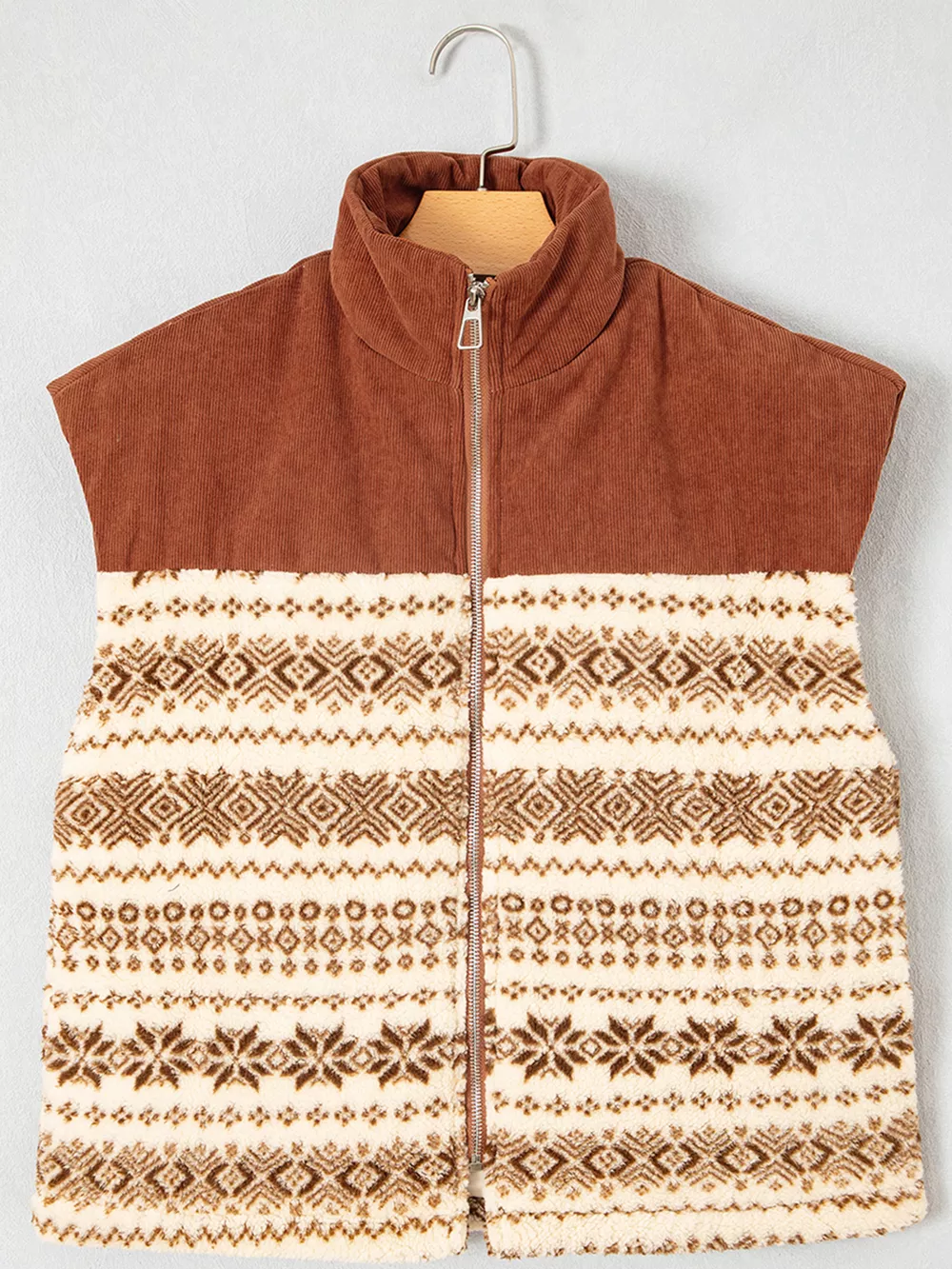 Geometric Print Fleece Metal Zipper Collar Patchwork Design Vest, image 4