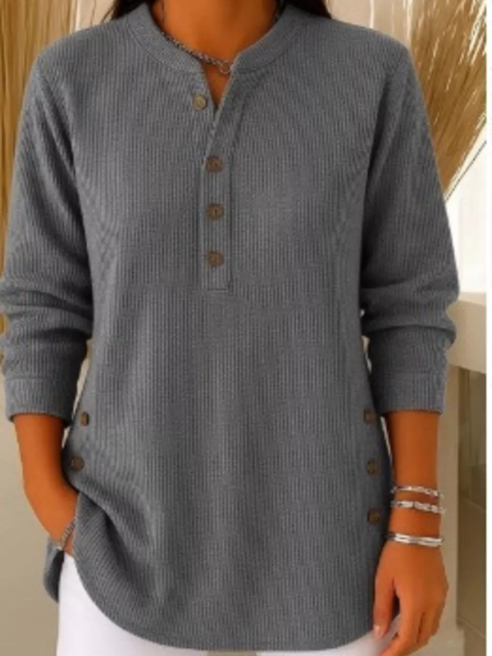 Full Size Ribbed Half Button Henley Top Plus Size, image 19