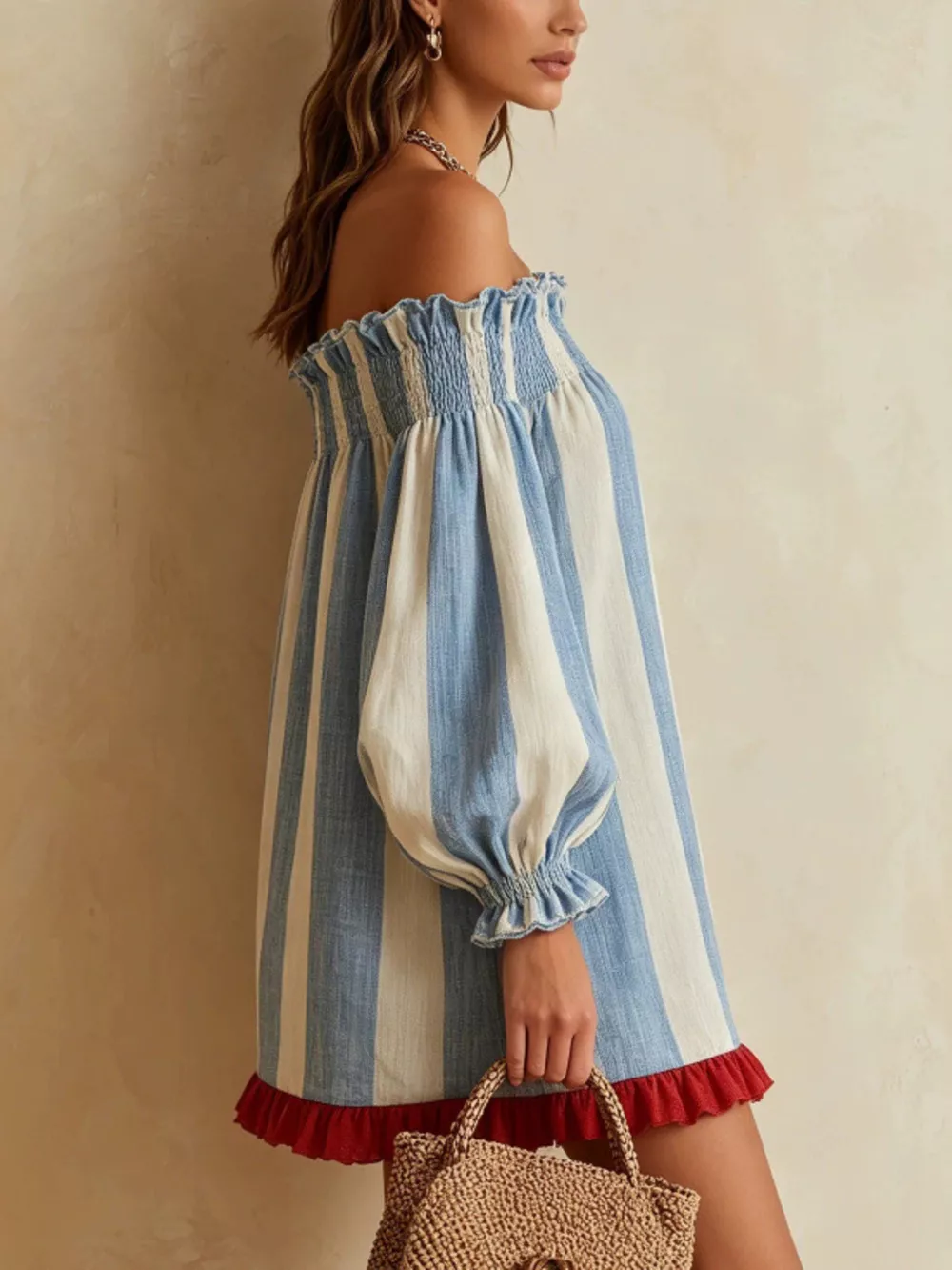 Off-Shoulder Striped Ruffle Hem Mini Dress, image 2