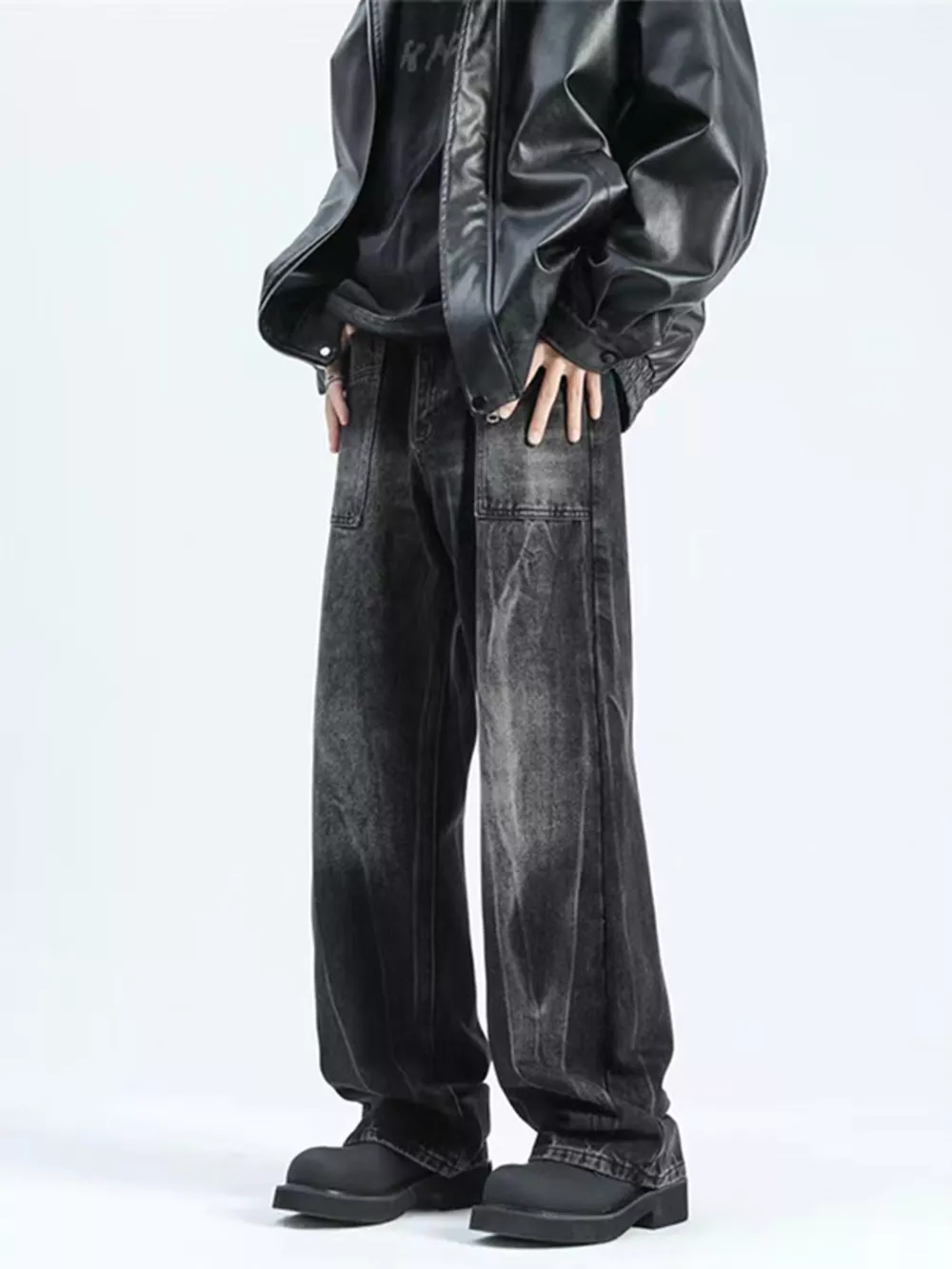 Men's Plus Size Wash Wide Leg Jeans, image 3