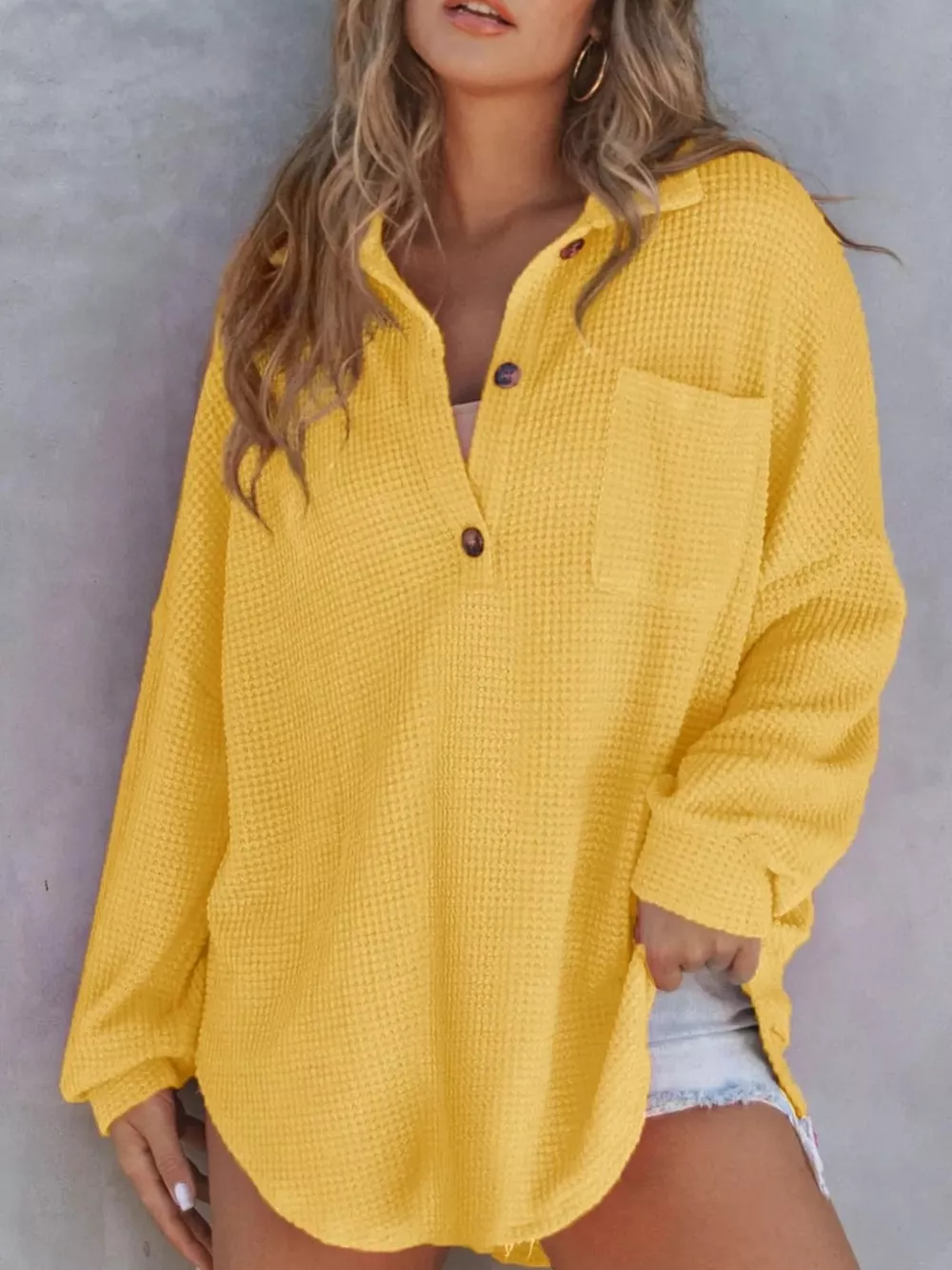 Casual Waffle Knit Button Detail Blouse, image 30