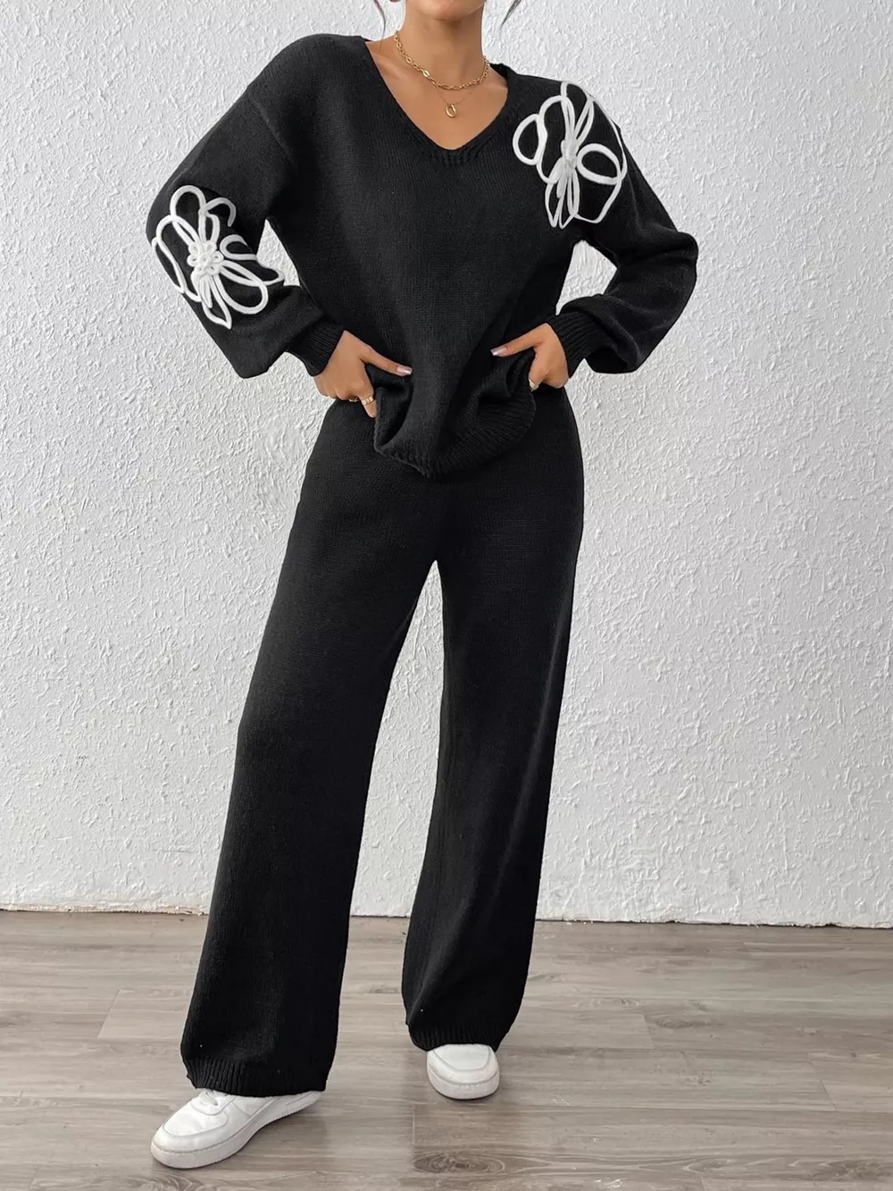 V-Neck Dropped Shoulder Top and Pants Sweater Set, image 5