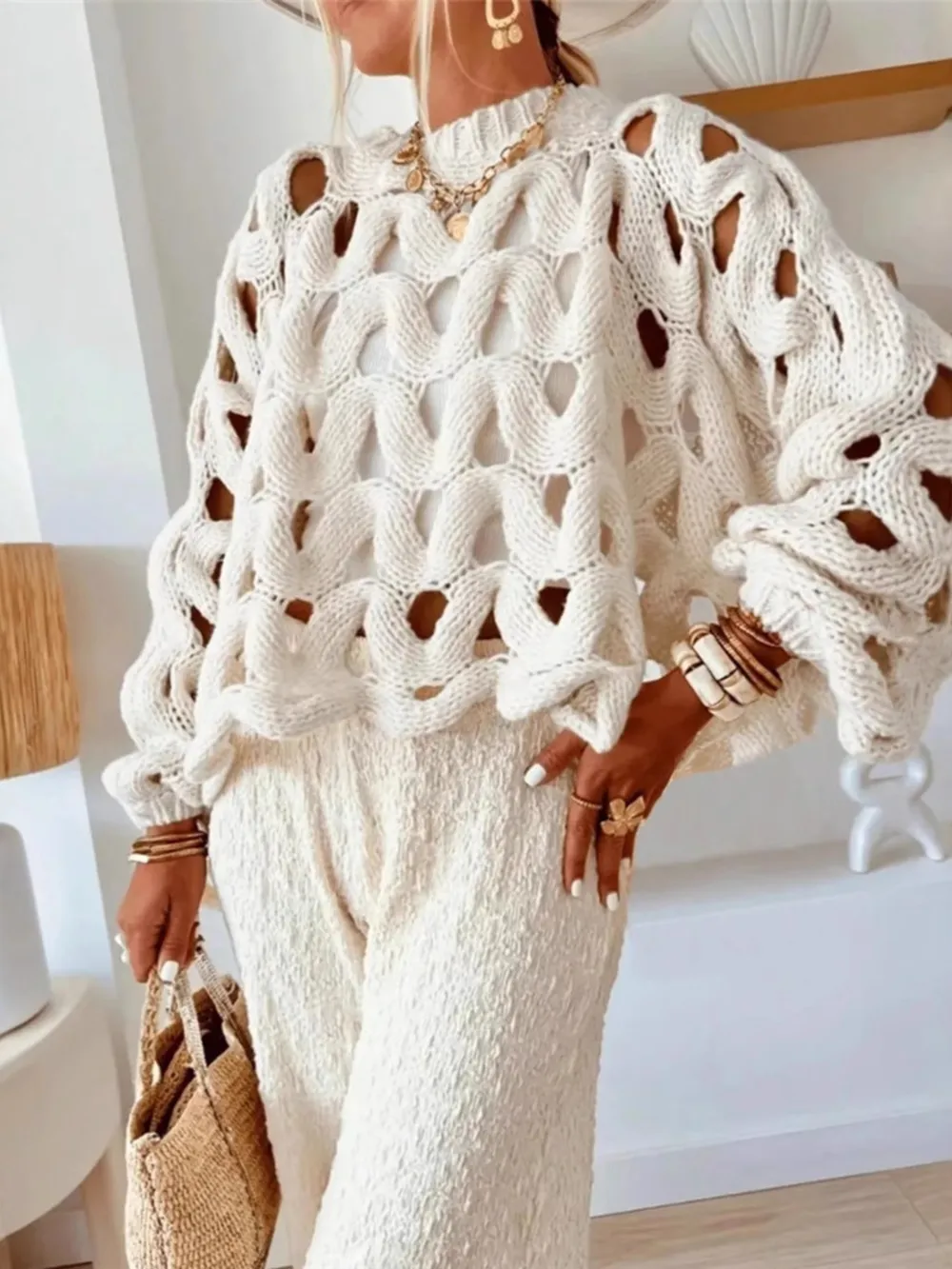 Chunky Cable Knit Hollow Out Sweater, image 9
