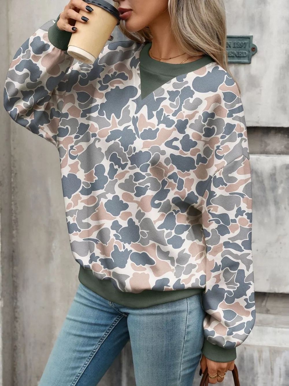 Leaf Print Sweatshirt with Contrasting Trim, image 24