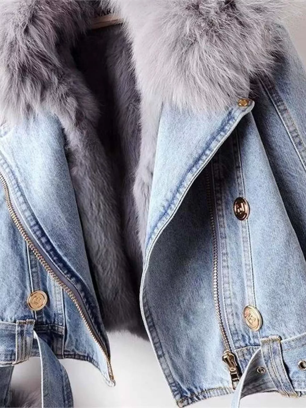Full Size Faux Fur Collar Denim Jacket Plus Size, image 5