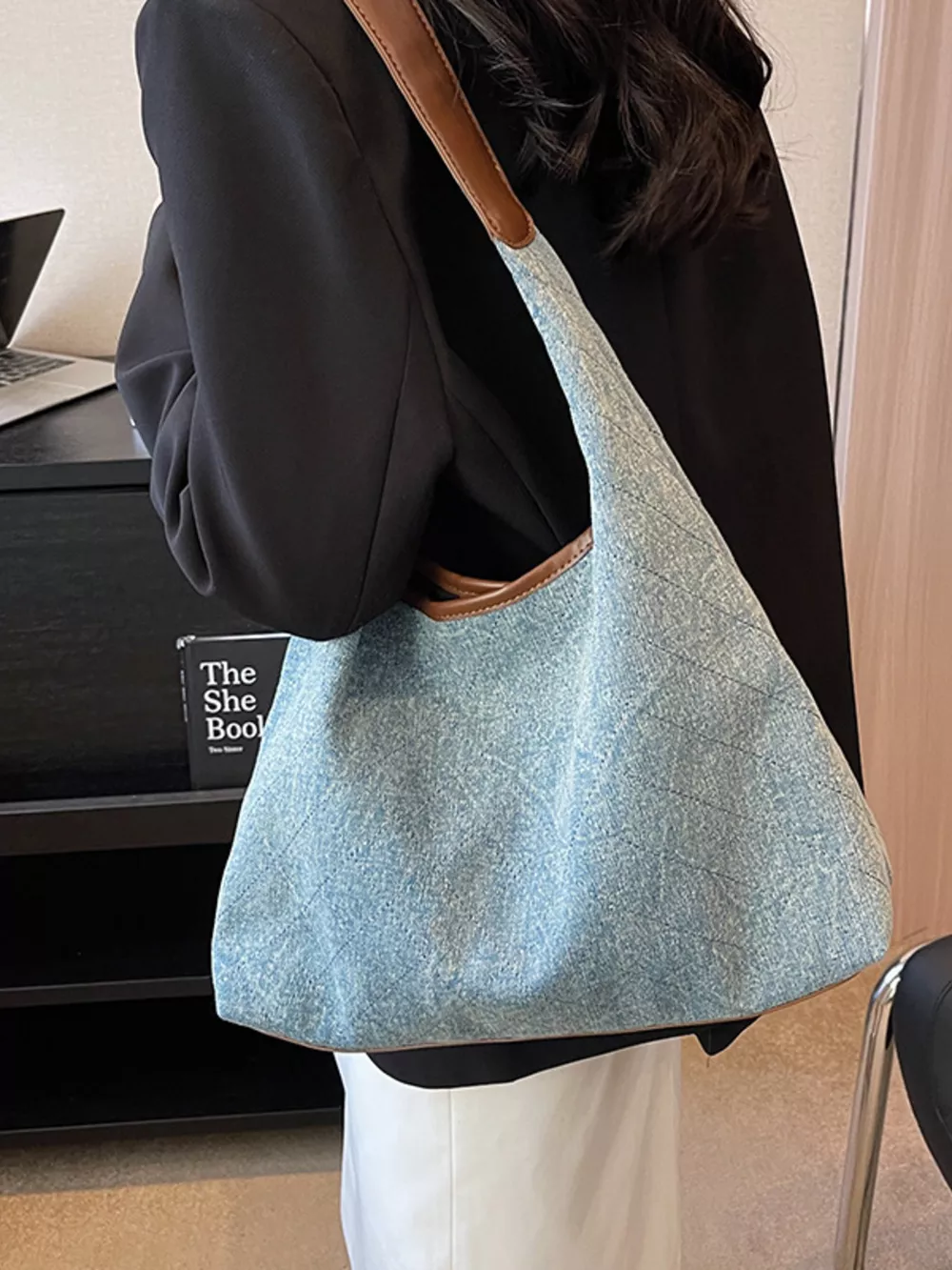 Denim Shoulder Bag with Leather Trim, image 4