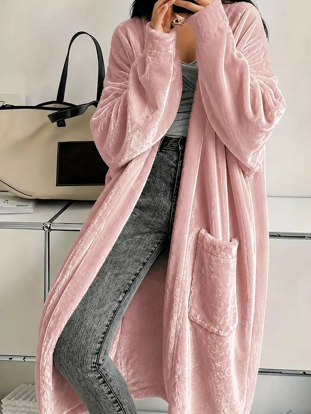Plus Size Velvet Open-Front Longline Cardigan