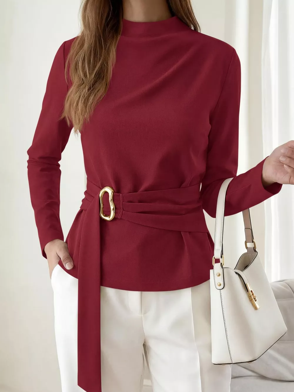 Mock Neck Blouse with Waist-Defining Metal Buckle Detail, image 7