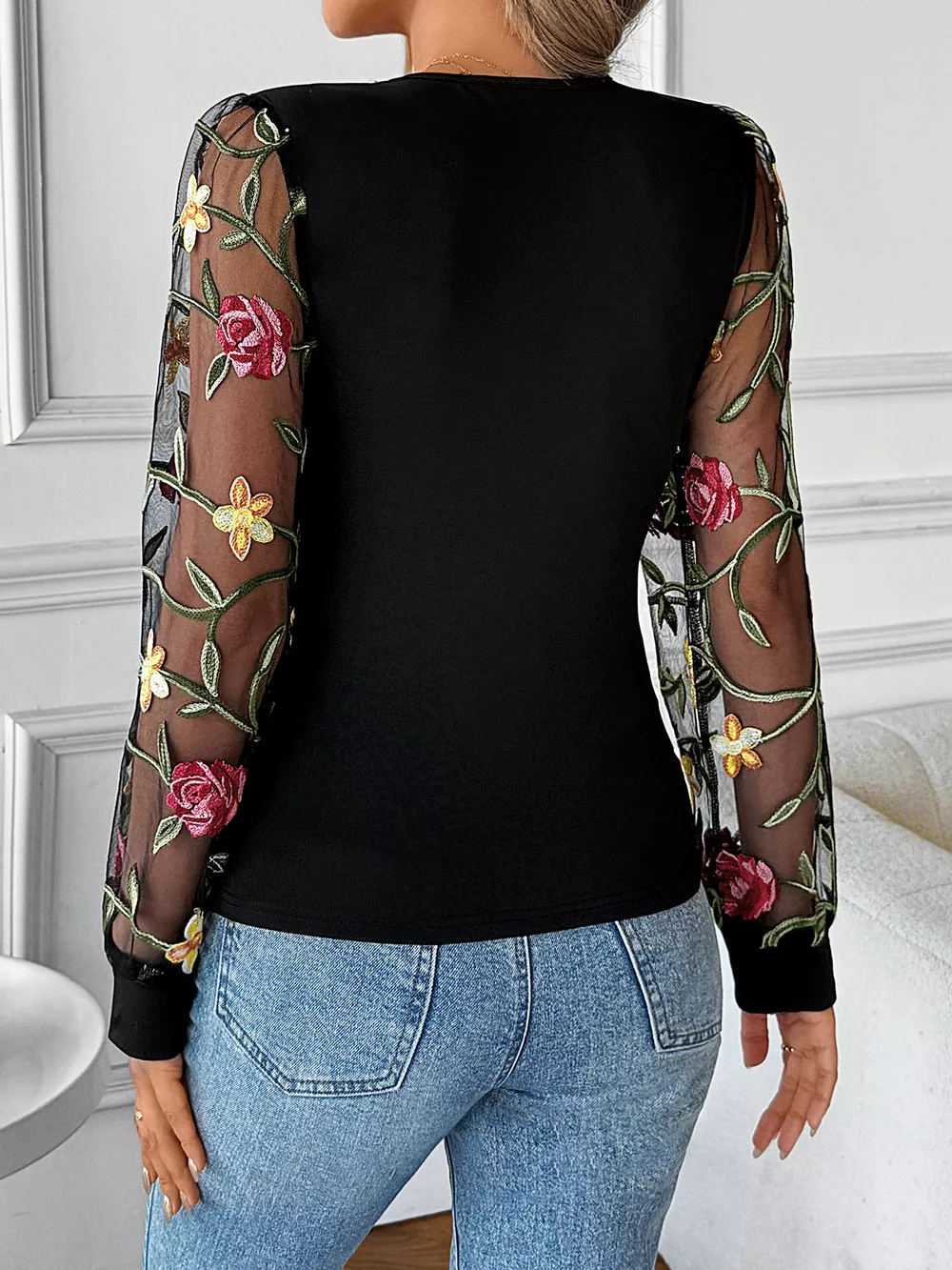 Floral Mesh Sleeve V-Neck Top, image 9