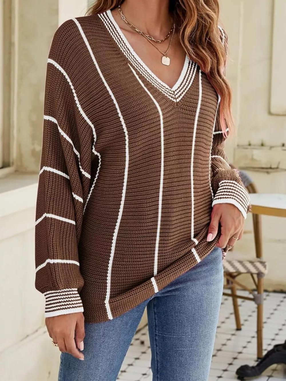 V-Neck Striped Contrast Sweater, image 3