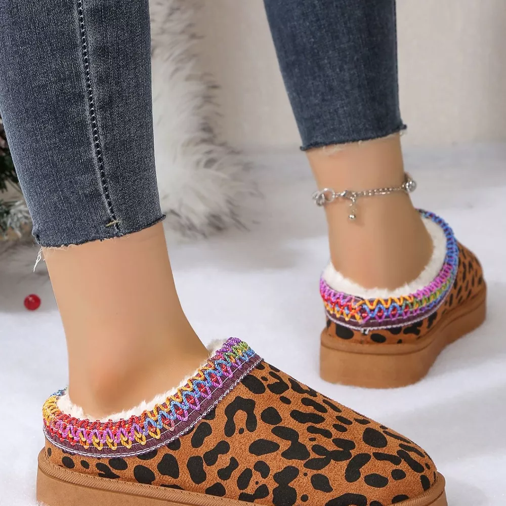 Leopard Print Plush Lined Warm Slip-Ons, image 3