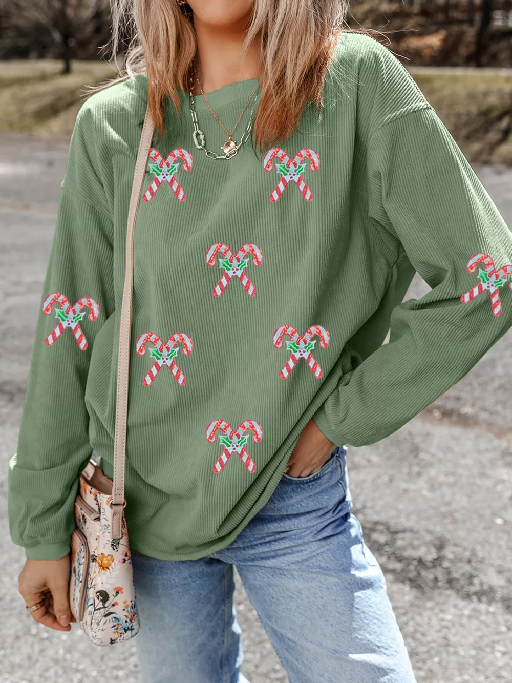 Candy Cane Shimmer Patched Corded Baggy Sweatshirt, image 5