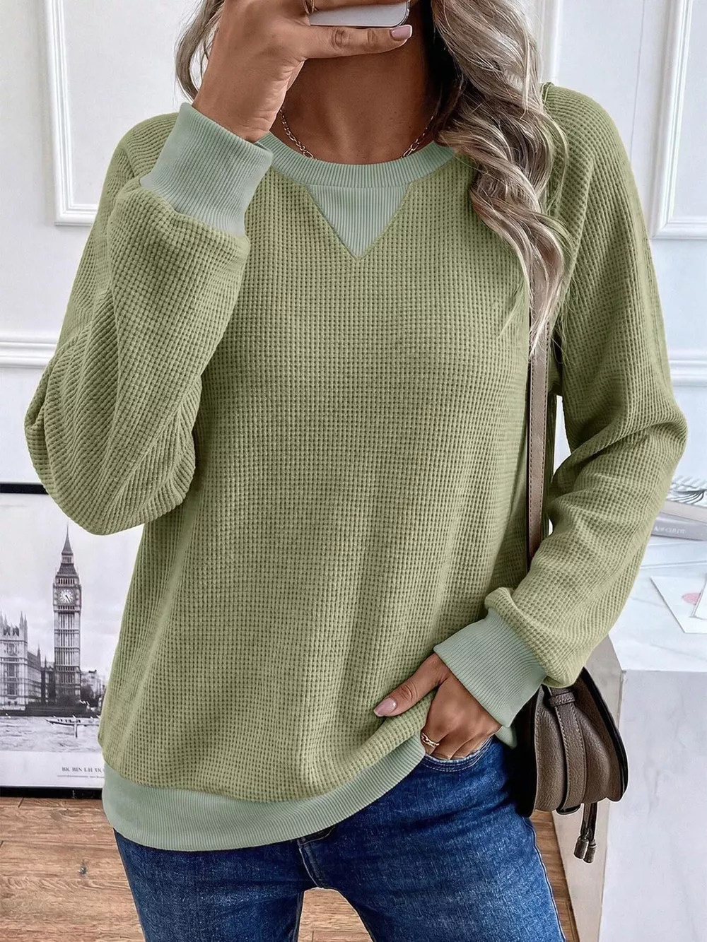 Waffle Knit Crew Neck Long Sleeve Sweatshirt, image 9
