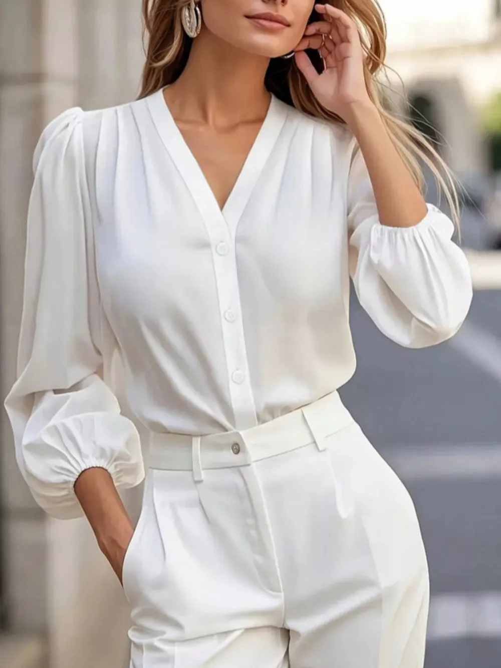 Elegant V-Neck Puff Sleeve Button-Down Shirt, image 5