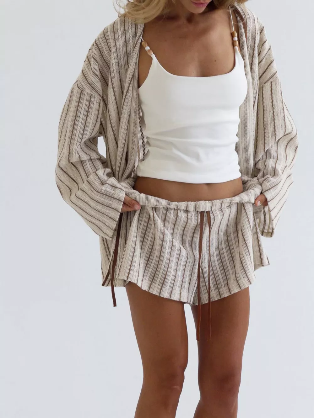 Striped Tie Front Top and Shorts Lounge Set, image 11