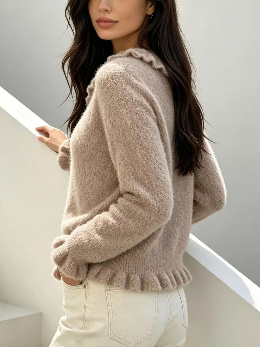 Soft Fuzzy Cardigan with Ruffled Collar and Pearl Buttons, image 20