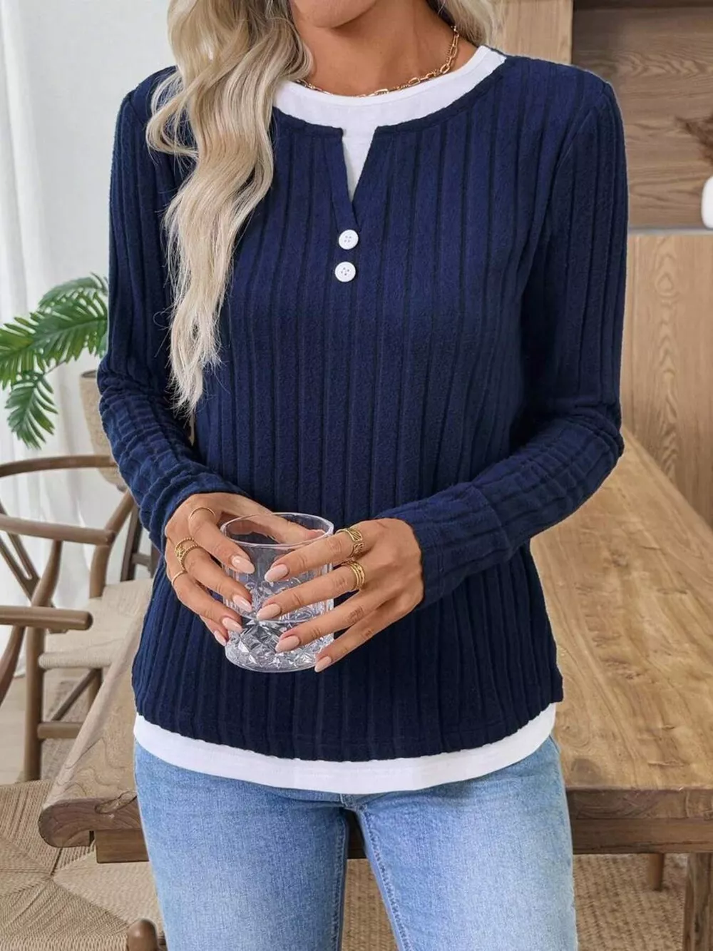 Ribbed Knit Button Detail Contrast Sweater, image 10