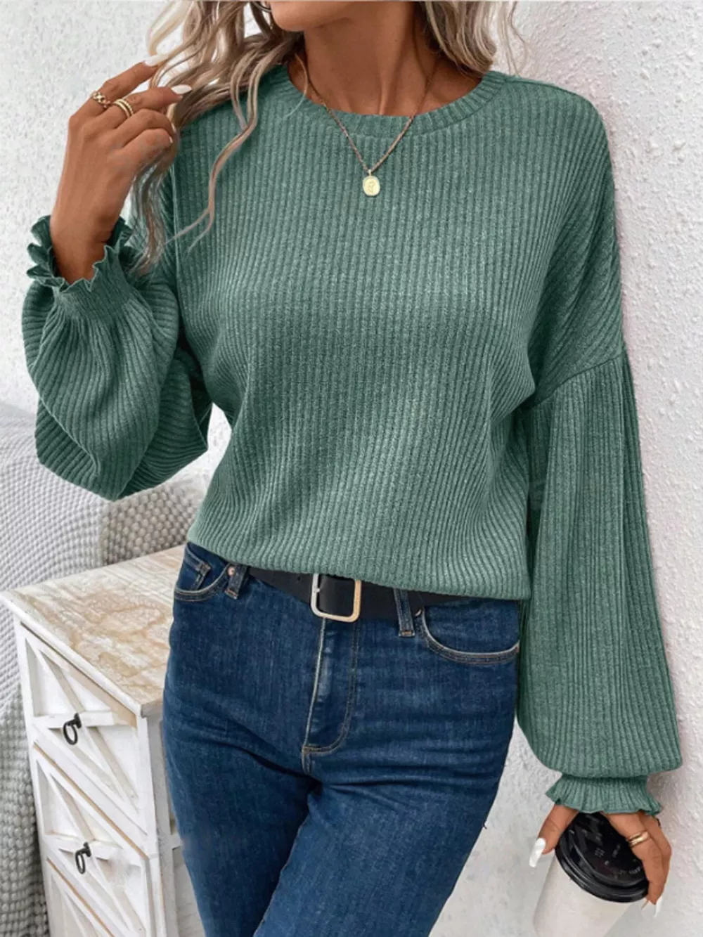 Ribbed Knit Long Sleeve T-Shirt, image 19
