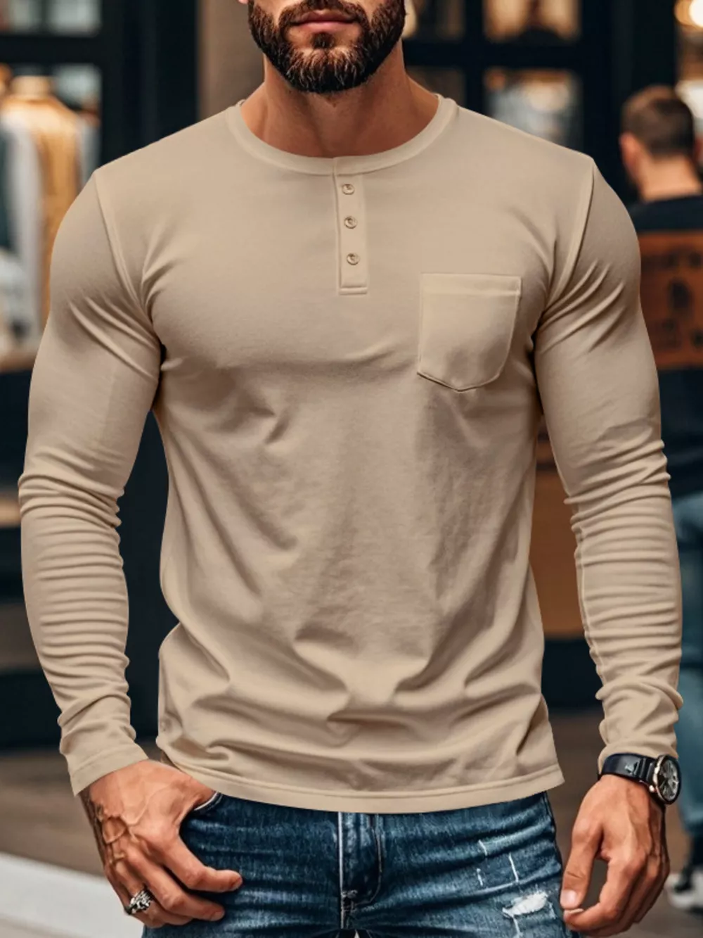 Men's Plus Size Casual Long Sleeve Henley T-Shirt with Pocket, image 4