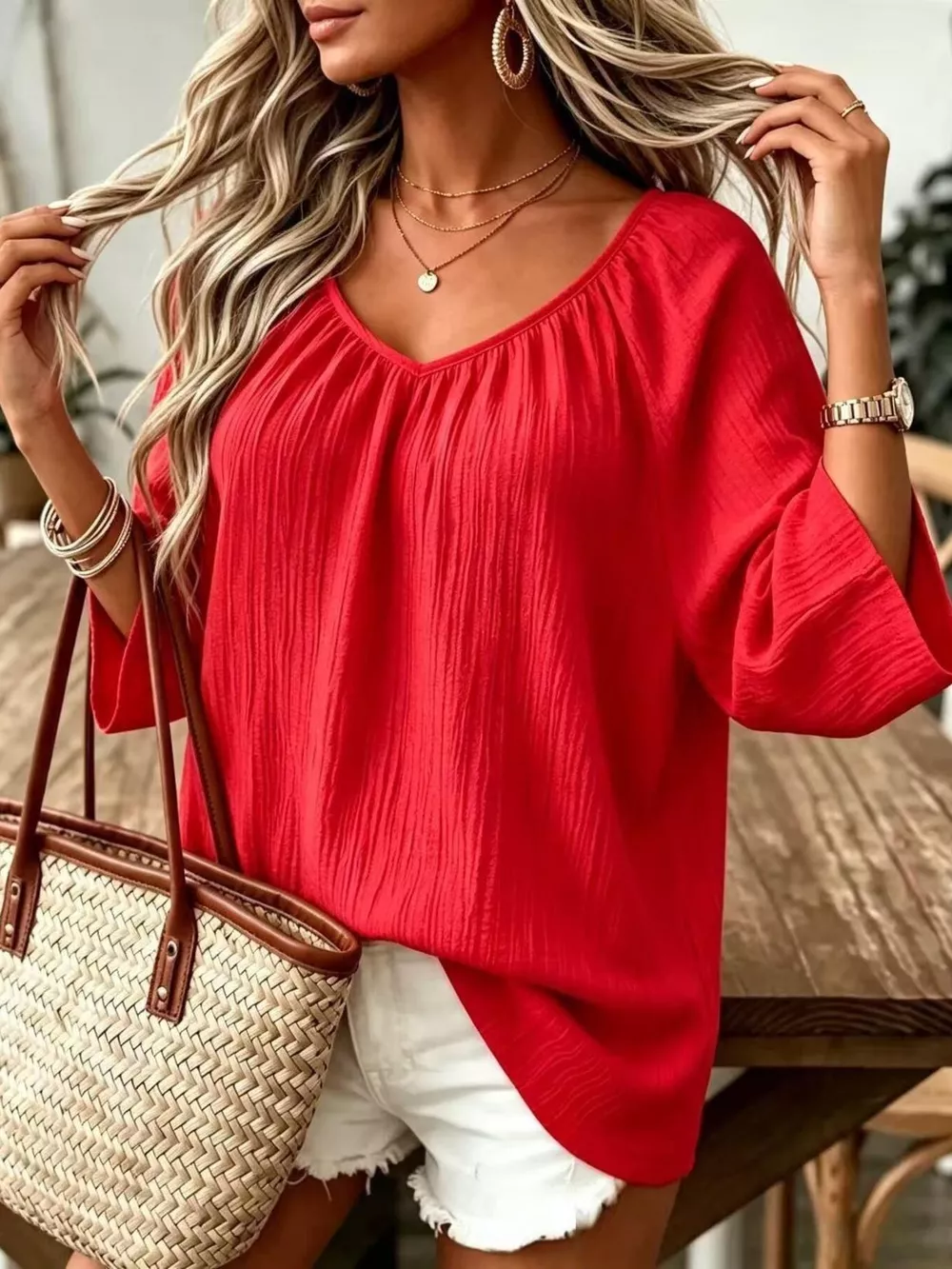 Full Size Textured V-Neck Casual T-Shirt Plus Size, image 16