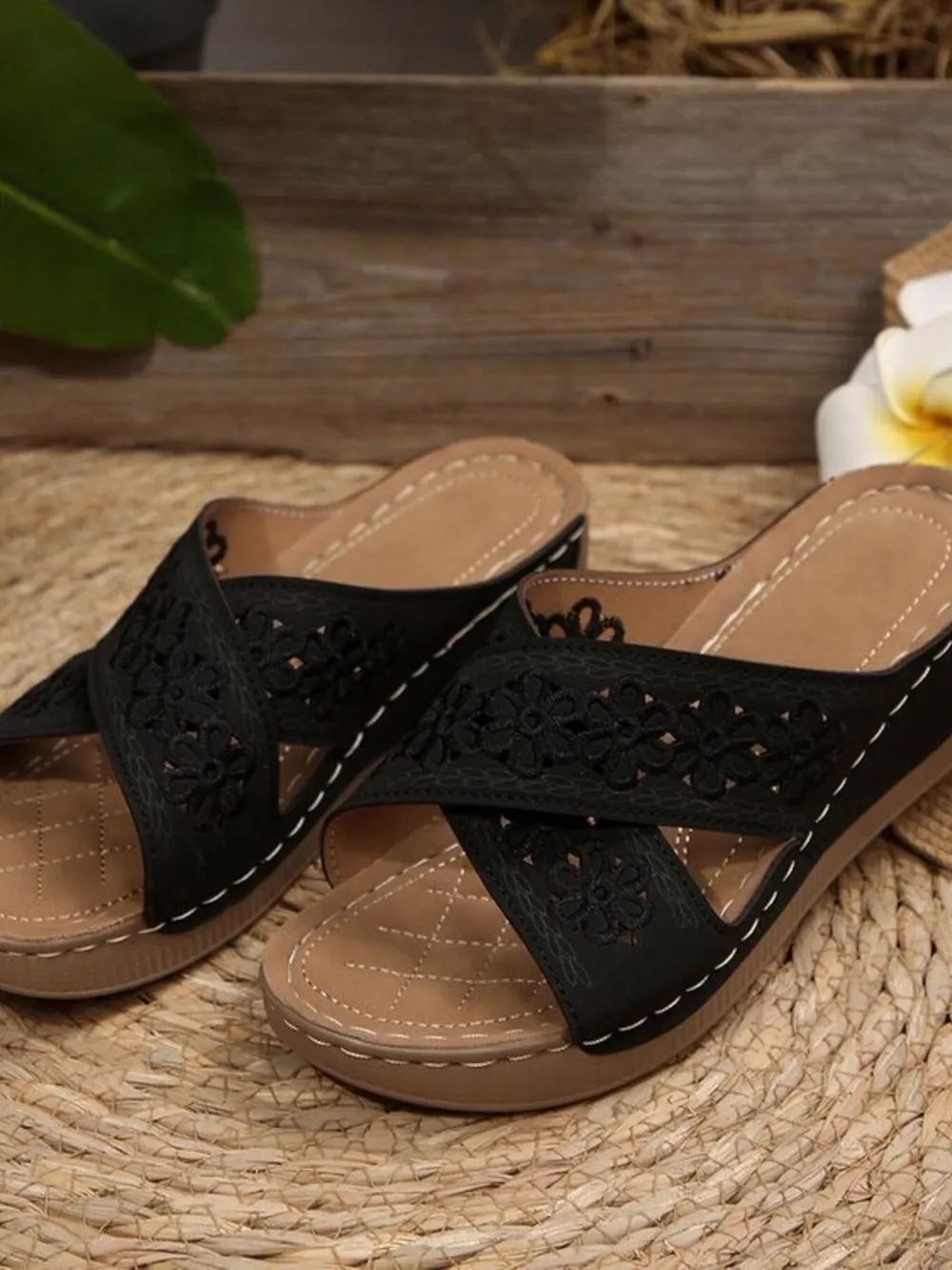 Crisscross Flower Wedge Sandals, image 4