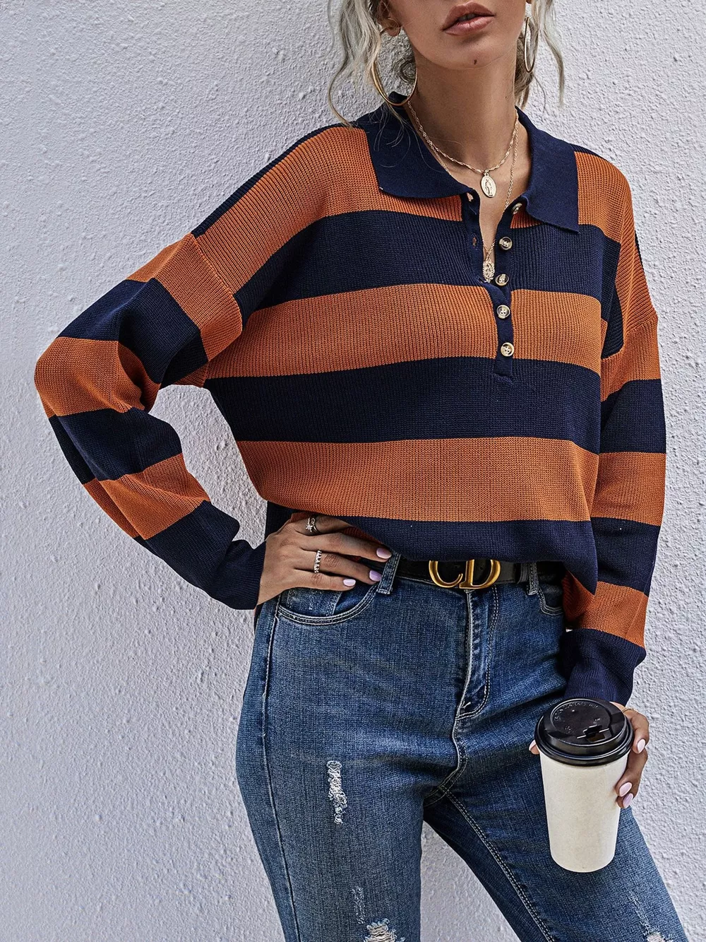 Striped Button Detail Dropped Shoulder Knit Top, image 5