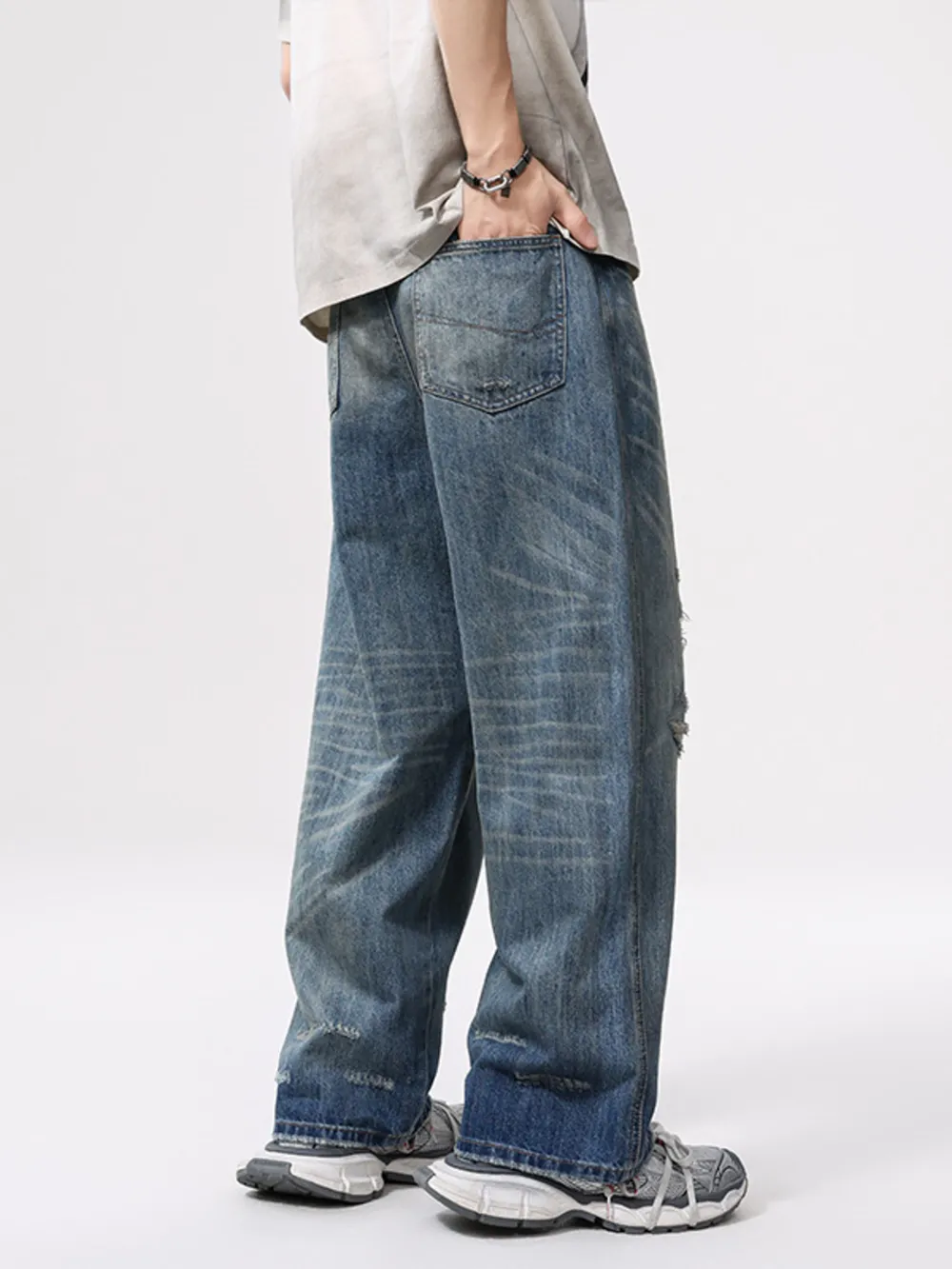 Men's Full Size Vintage Distressed Wide Leg Relaxed Fit Jeans Plus Size, image 3