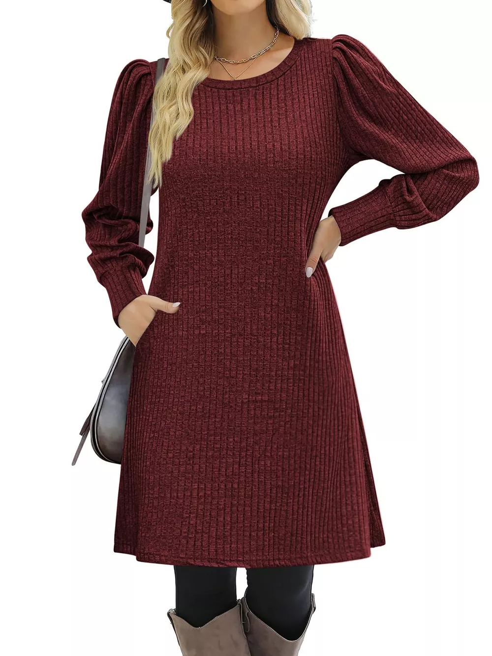 Ribbed Knit Puff Sleeve Casual Mini Dress, image 28