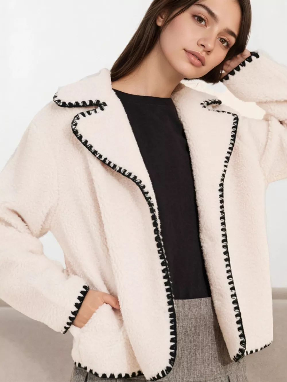 Sherpa Contrast Trim Button Up Outerwear, image 2