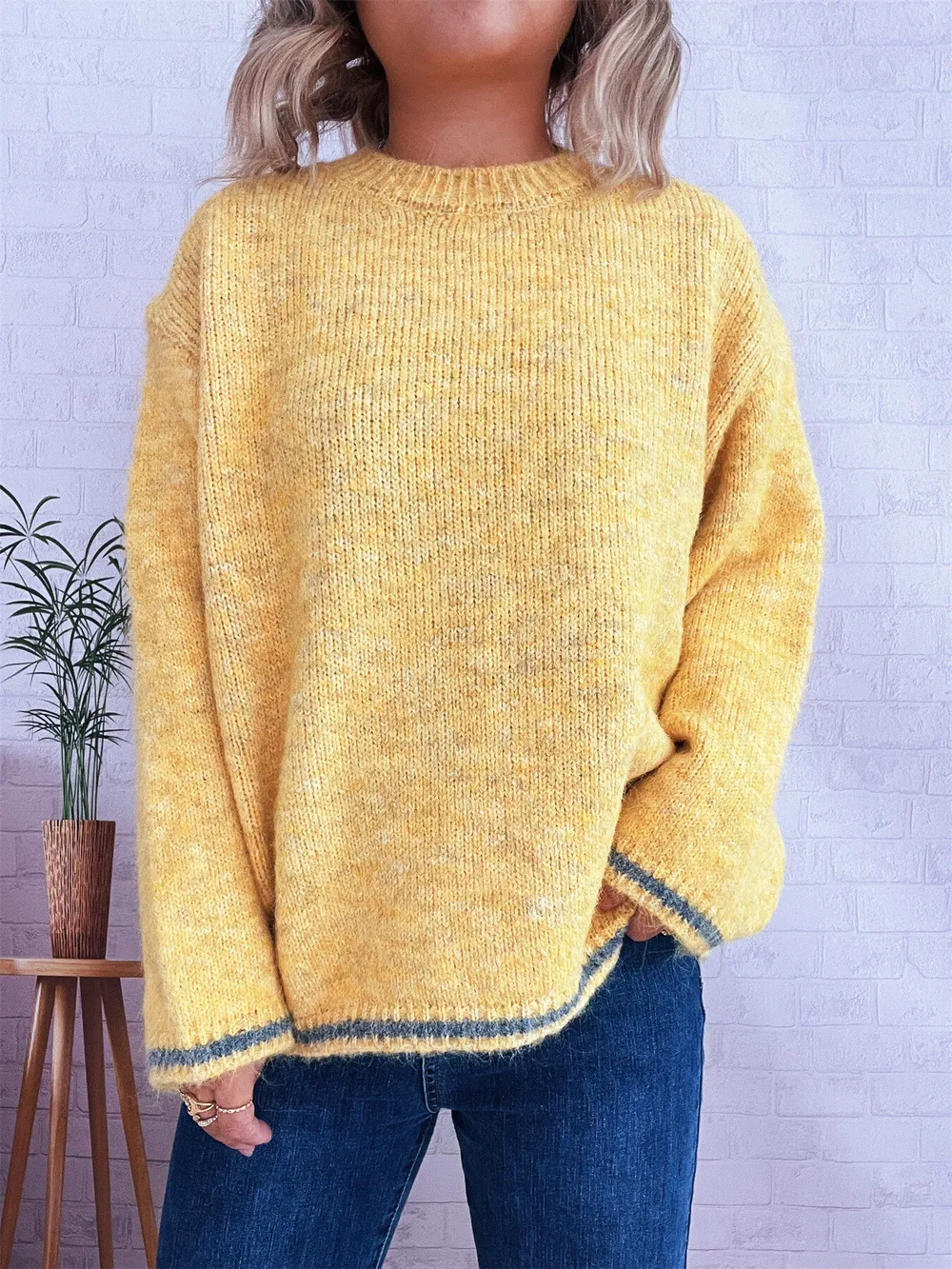 Contrast Trim Round Neck Cozy Sweater, image 21