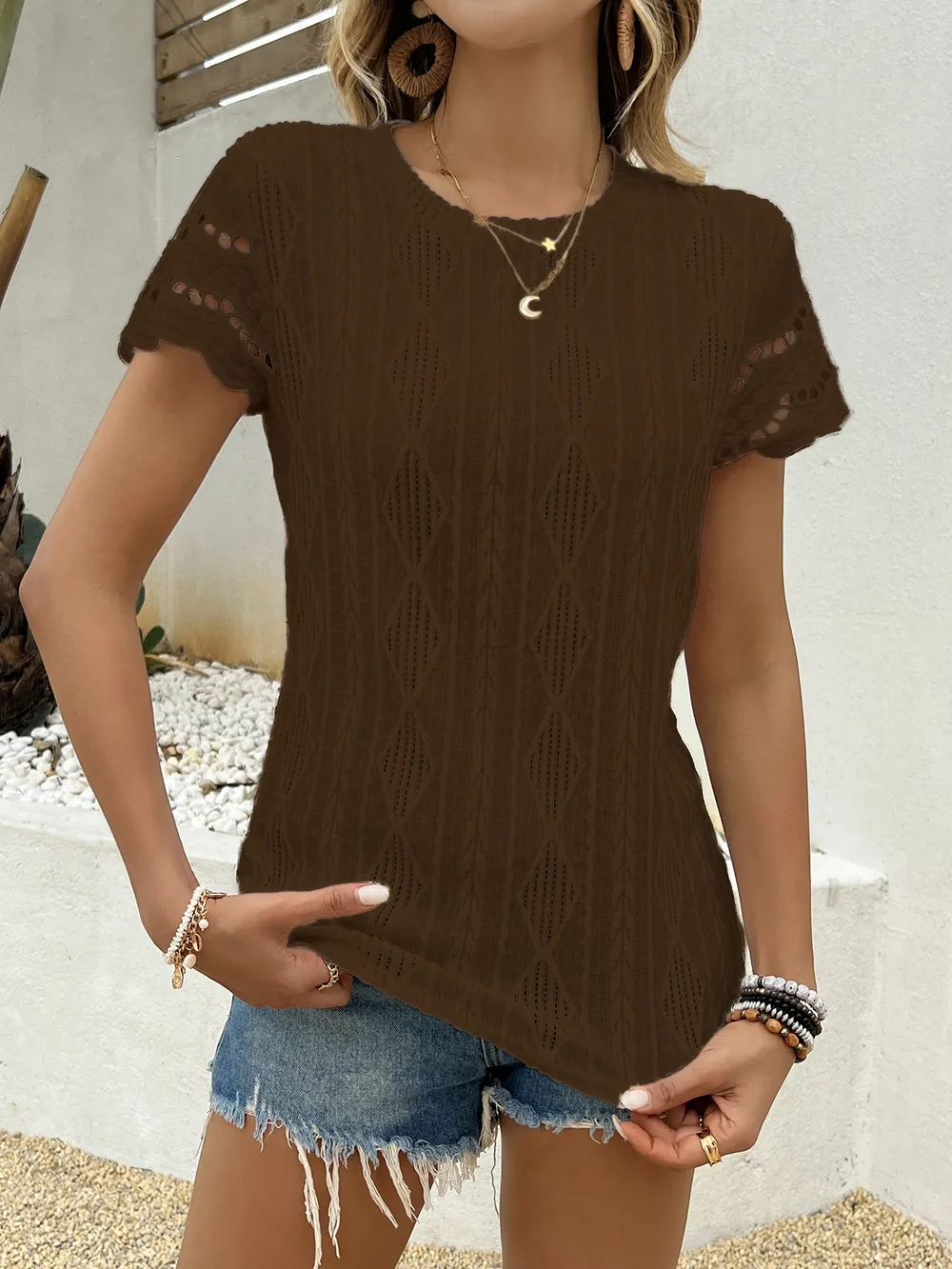Crochet Lace Short Sleeve T-Shirt, image 12