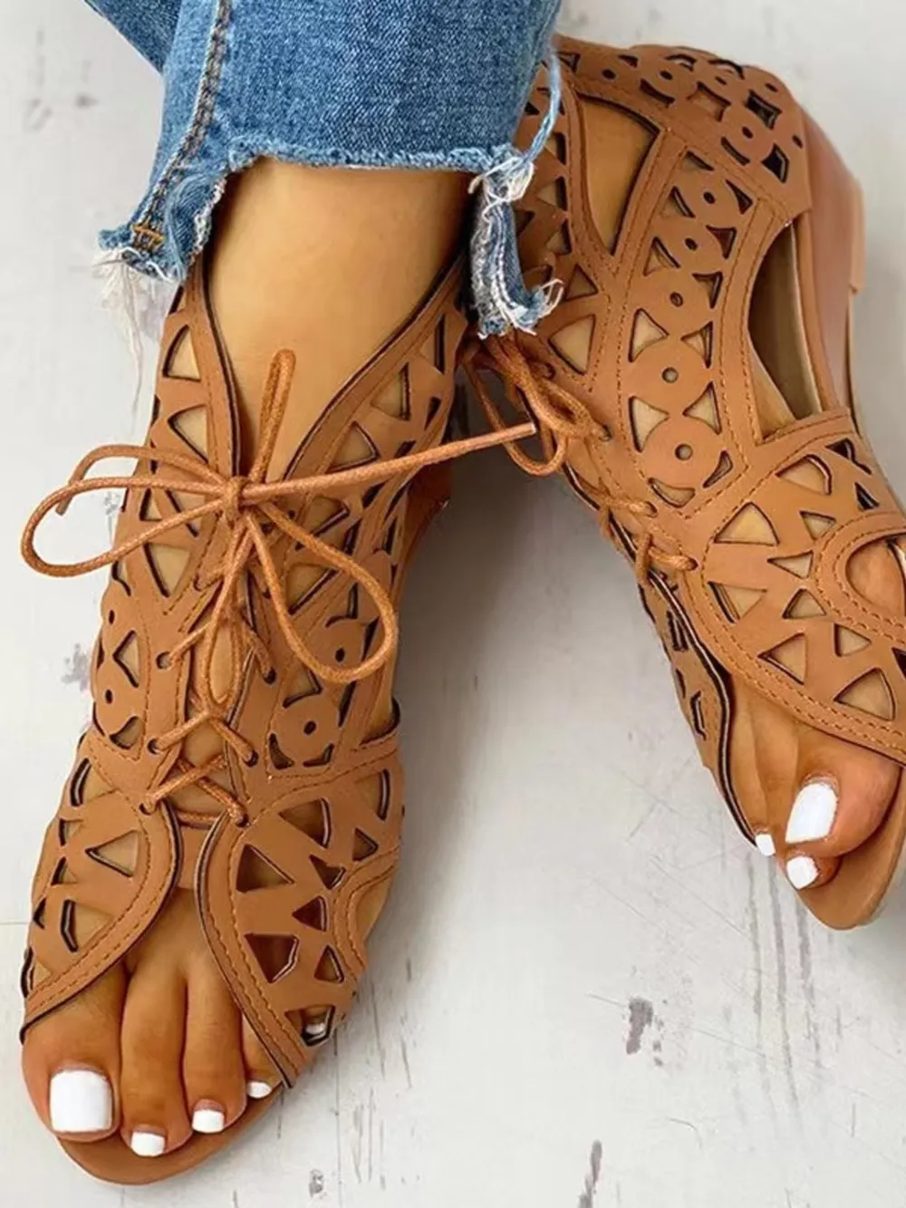 Lace-Up Geometric Cutout Sandals, image 4