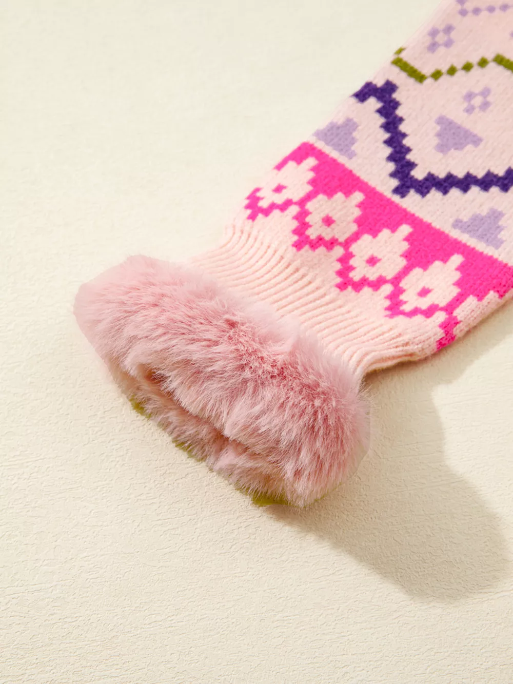 Multicolour Ethnic Christmas Pattern Knit Feather Cuffed Sweater, image 9