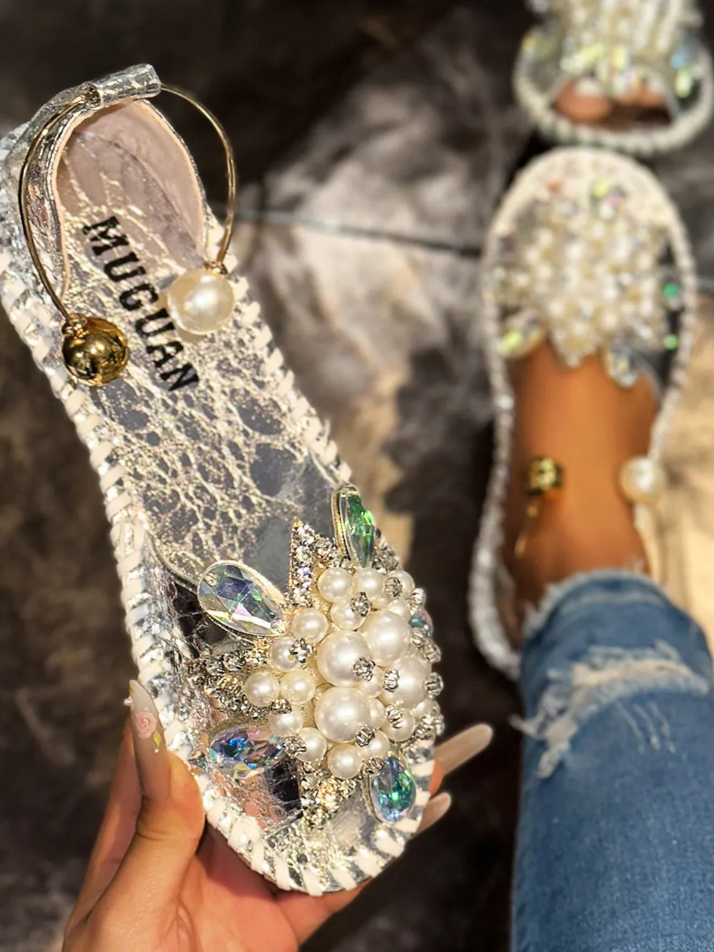 Pearl Crystal Embellished Flat Sandals, image 5