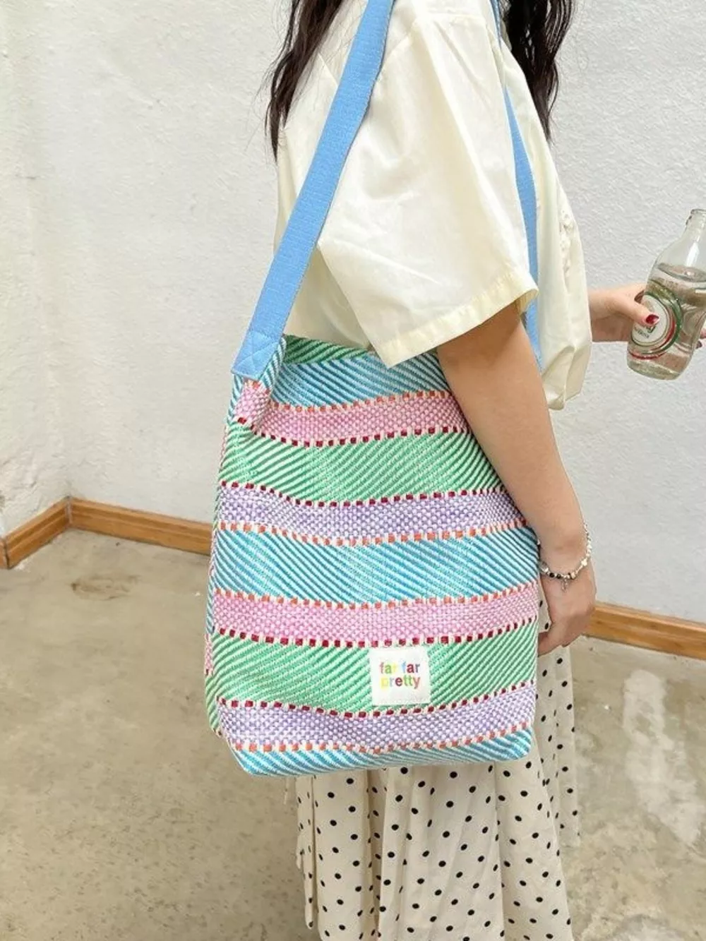 Striped Woven Shoulder Bag with Adjustable Strap, image 7