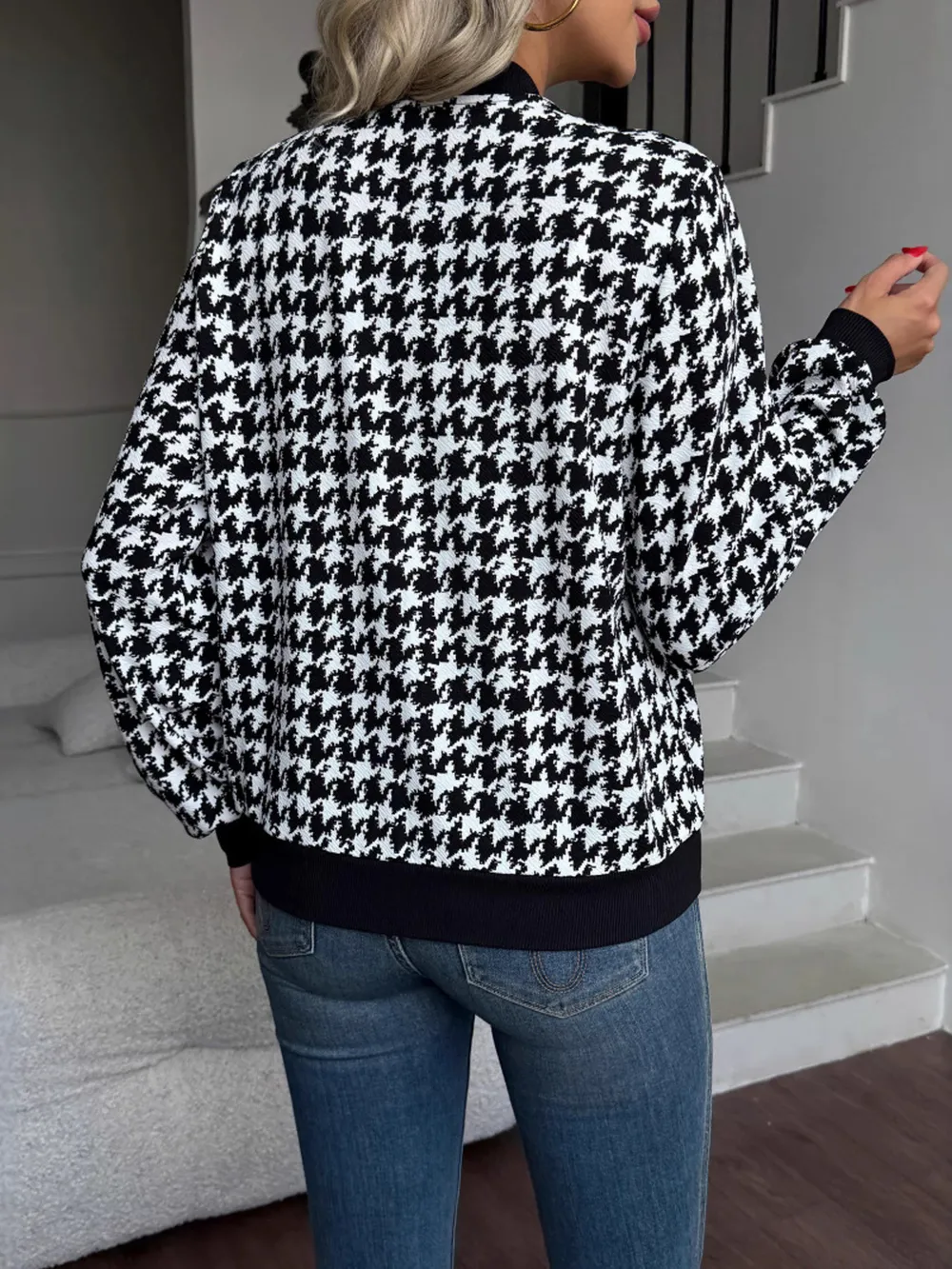 Zip Up Houndstooth Pattern Jacket, image 3