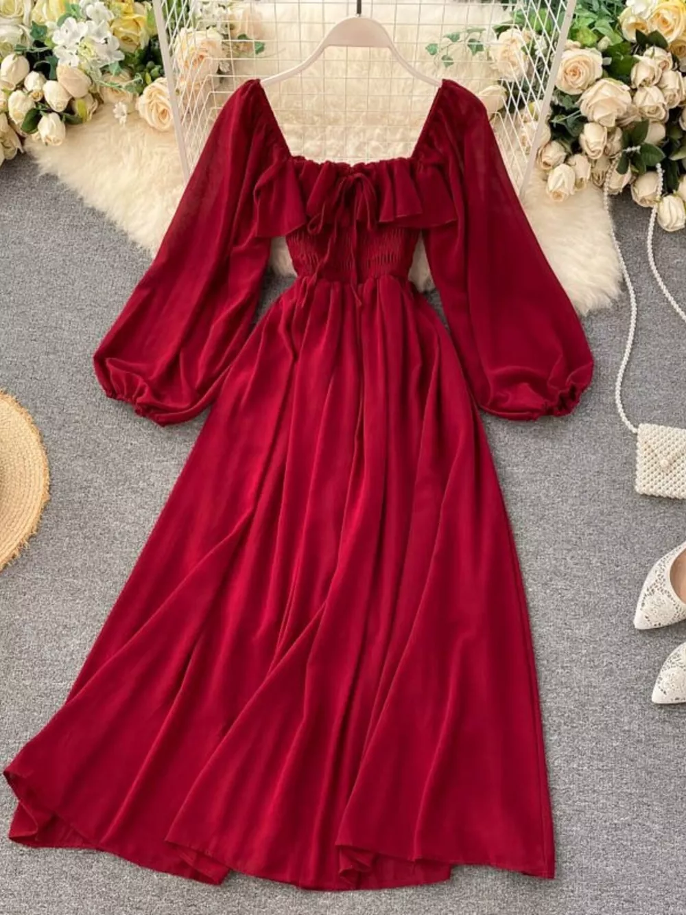 Ruffle Square Neck Balloon Sleeve A-Line Dress, image 23