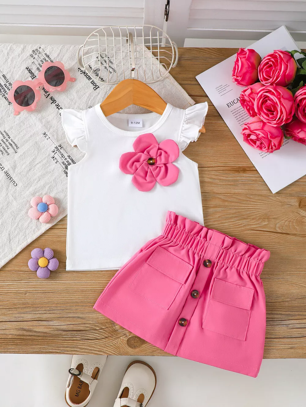 Children's Floral Applique Ruffle Sleeve Top & Skirt Set, image 2