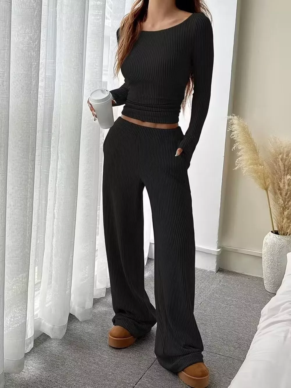 Ribbed Knit Boat Neck Top and Pants Set, image 10