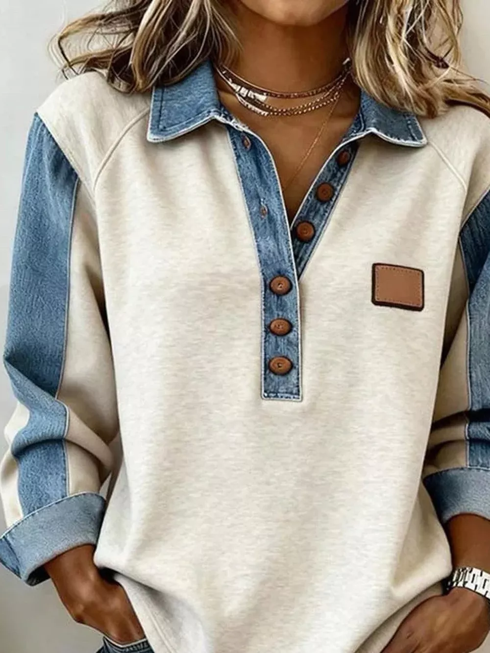 Contrast Denim Patchwork Polo Collar Long Sleeve Top, image 2