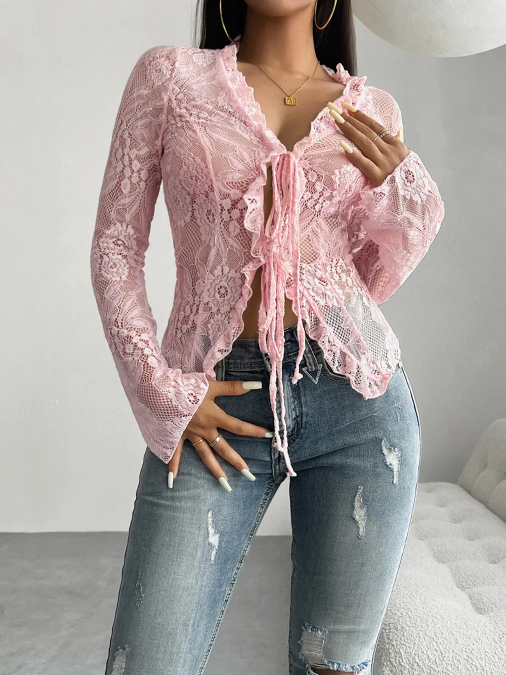 Tie Front Long Sleeve Lace Top, image 6