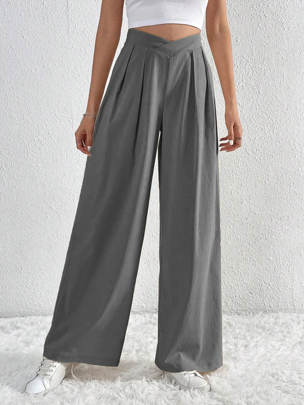 V-Waisted Ruched Front Wide Leg Pants, image 15